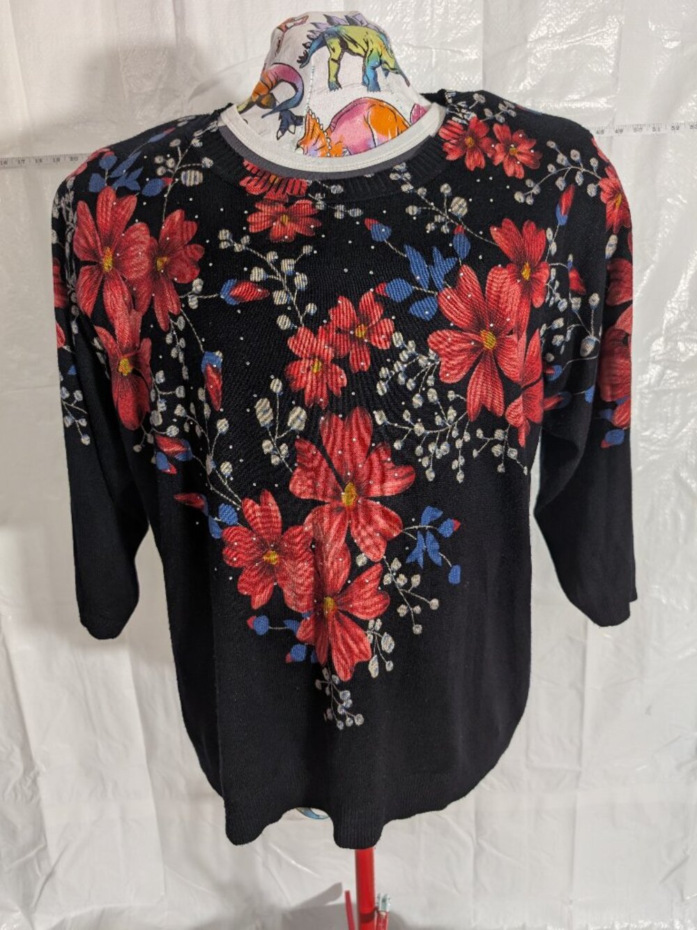 C.D. Daniels Women's Black Floral Sweater Red Flower Print 3/4 Sleeve Size 3X